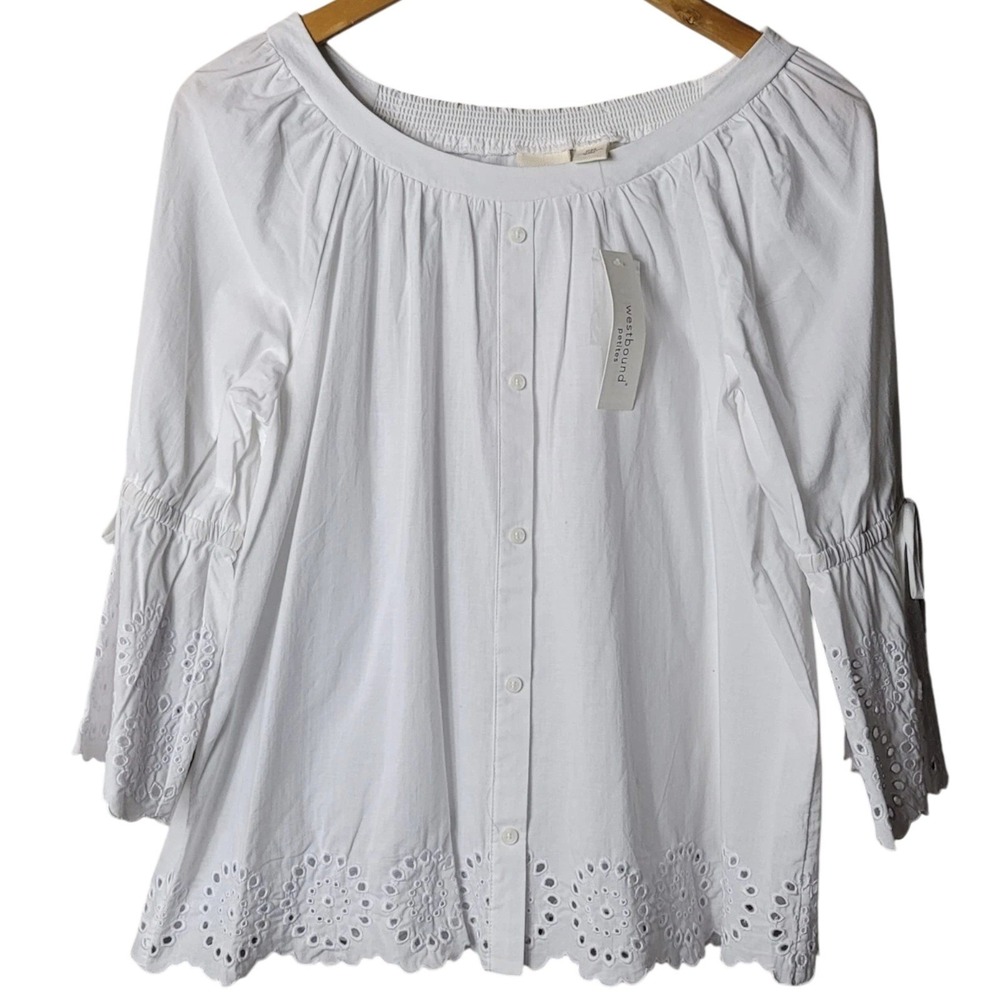 Westbound White Button Front Peasant Top Eyelet Trim Womens Petite Large NWOT